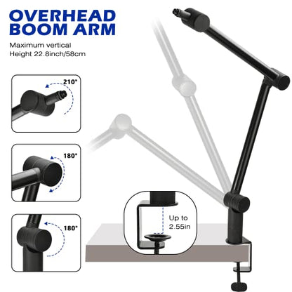 BOMGE Boom Arm Mic Stand - Adjustable Heavy Duty Suspension Boom Scissor Arm Stand with Cable Management Channels, Desk Clamp for Podcasts, Streaming, Gaming, Home Office, Recording (Black)