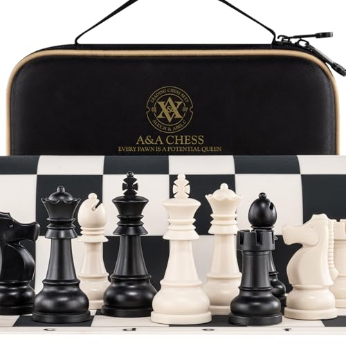 A&A Chess Set - 15''x15'' Foldable Silicone Chessboard and 3.25'' King Height Weighted Plastic Staunton Pieces with Carrying Case for Portable Travel