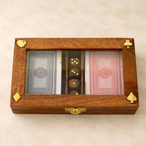 Playing Cards Set of 2 in Handmade Wooden Storage Box Case Holder with 5 Dice in Antique Design Anniversary Birthday Gifts "Made in India" (Design 1) - color: Design 1