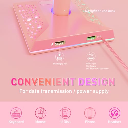 VCOM RGB Gaming Headphones Stand with 2 USB Ports, Pink Headset Stand with 10 Light Modes and Non-Slip Rubber, Suitable for PC Desk Accessories Gamers Gift(Pink)