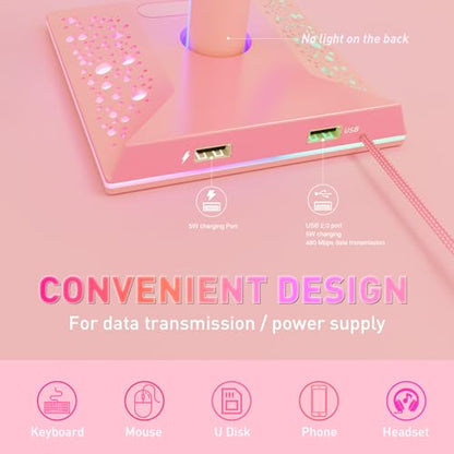 VCOM RGB Gaming Headphones Stand with 2 USB Ports, Pink Headset Stand with 10 Light Modes and Non-Slip Rubber, Suitable for PC Desk Accessories Gamers Gift(Pink)