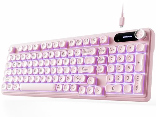 EWEADN Wired Creamy Keyboard with Number Pad, Media Knob, RGB Backlit | 98-Key Quiet Computer Keyboard, Jelly keycaps, Display Screen, 2-Stage Feet, Cute for Windows, PC, Laptop, Pink, EWEADN V102 - color: Pink