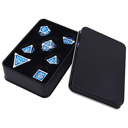 AUSTOR 7-Die Metal DND Dice Set Dungeons and Dragons Polyhedral Roll Playing Dice with Box D20 D12 D10 D% D8 D6 D4 for Pathfinder MTG RPG Board Games - color: Sky Blue With Silver Edge