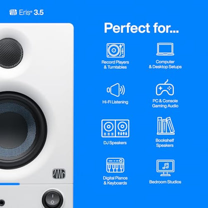 PreSonus Eris 3.5 Studio Monitors (White), Pair — 3.5" Inch Powered Bookshelf Speakers, Stereo, Desktop Computer, Near Field Music Production, Audio Mixing Recording | 50W Class-Ab, 3.5 Woven Woofer, 1 Silk-Dome Tweeter, 80-20khz, Trs and Rca/1/8 Inputs,