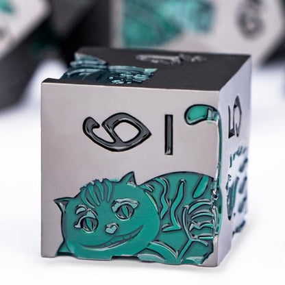 Metal DND Cat Dice 7PCS Polyhedral RPG Dice Set with Gift Case for Dungeons Dragons Role Playing Game, D and D Dice D6 D8 D10 D12 D20 D% (Grey Green) - color: Cat-grey Green