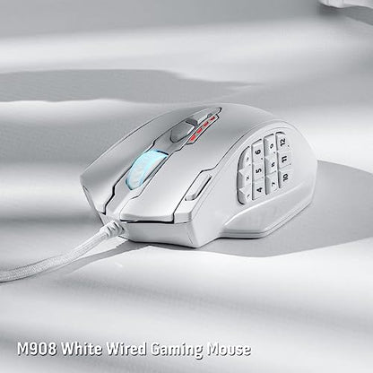 Redragon M908 Impact RGB LED MMO Gaming Mouse with 12 Side Buttons, Optical Wired Ergonomic Mouse with Max 12,400DPI, High Precision, 18 Programmable Macro Shortcuts, Comfort Grip, White | Stable Lag-Free Connection, Redefine Keybinding Macro, Vibing Back