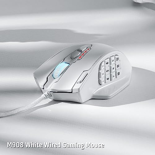 Redragon M908 Impact RGB LED MMO Gaming Mouse with 12 Side Buttons, Optical Wired Ergonomic Mouse with Max 12,400DPI, High Precision, 18 Programmable Macro Shortcuts, Comfort Grip, White | Stable Lag-Free Connection, Redefine Keybinding Macro, Vibing Back
