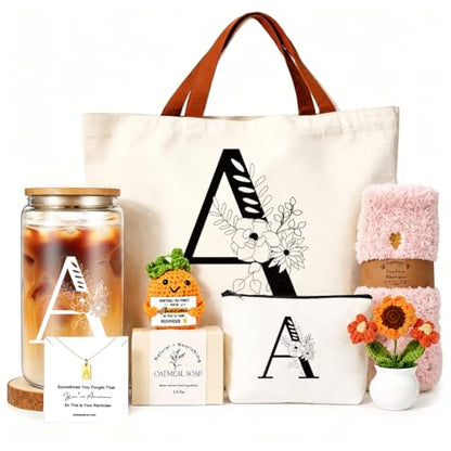 DHQH Birthday Gifts for Women, Monogrammed Gifts Box Included 16 oz Initial Glass Drinking Cup,Canvas Tote Bag, Personalized Iced Coffee Tumbler Gift for Women Her Mom Teacher Friends Sister, A - color: letter-cup-a
