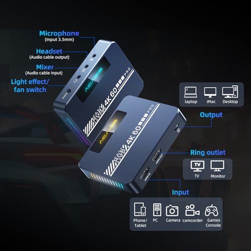 ACASIS 4K60fps Video Capture Card for Streaming and Gaming, VRR Support, External Capture Card for Xbox Series X/S, Xbox One, PS5, PS4/Pro, PC/Mac, Live Stream