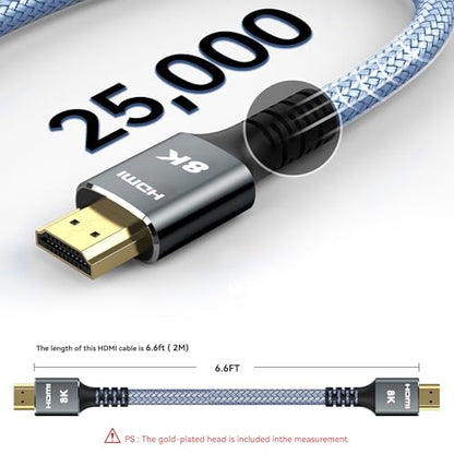 Ultra High Speed 8K HDMI Cable 6.6 ft (2M) | 2.1 48Gbps, Nylon Braided Cord, Supports 8K@60Hz, 4K@120Hz, HDR10, HDCP 2.2/2.3, DTS:X - size: 6.6