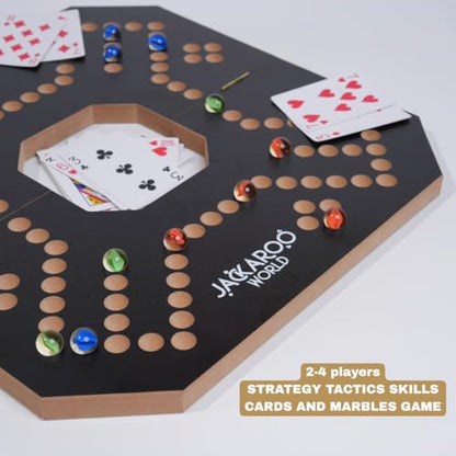 Jackaroo Board Game, 2-4 Player Jokers and Marbles Board Game, Solid Wooden Game with 16 Glass Marbles and 52 Cards, Marble Chase Game, Card and Marble Game, Foldable Board with Carry Bag (Black) - color: Black