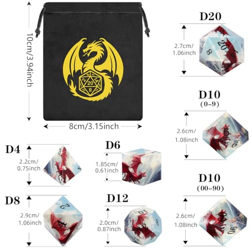 DND Dice Set, Dragon Theme Dice Set, UV Printed, Resin Material, DND Starter Set, 7pcs Polyhedral Dice Set with Dice Bag, Role Playing Board Games Accessories - color: Dragon Style Gift Bag
