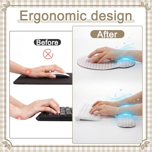 Tellegloww Wrist Rest Support for Mouse Pad&Keyboard Set, Khaki Gingham Checkered Circle Curved Ergonomic Mousepad&Coaster Non-Slip Base Design for Office Home Laptop Desktop Computer Keyboard - color: Khaki