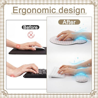 Tellegloww Wrist Rest Support for Mouse Pad&Keyboard Set, Khaki Gingham Checkered Circle Curved Ergonomic Mousepad&Coaster Non-Slip Base Design for Office Home Laptop Desktop Computer Keyboard - color: Khaki