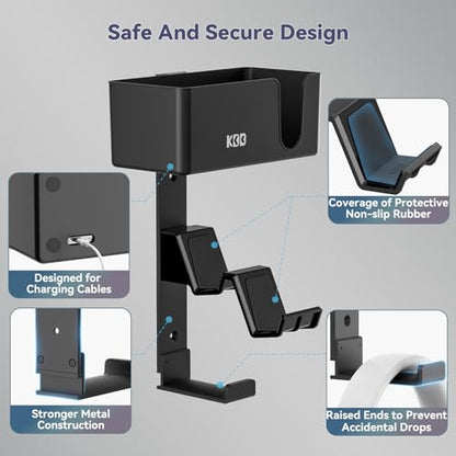 KDD 4-in-1 Wall Mount Controller Holder - Dual Game Controller and Headphone Hanger with Anti-Slip Pads for Xbox ONE/X Series/PS5/PS4 - Detachable Desk Storage for Media Remote, Phone and Speaker