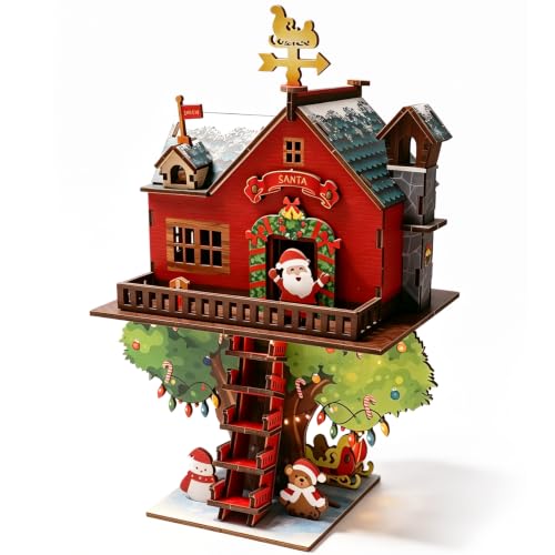 3D Wooden Puzzles for Adults Treehouse Christmas Decorations Miniature Kit | decoration Easy to build decompress - color: Christmas Red House