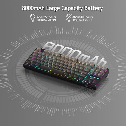 MageGee LIGHT87 Wireless Creamy Keyboard, Gasket Structure, RGB Backlit, 2.4G/USB-C/BT5.0 Hot Swappable Mechanical Gaming Keyboard for Win/Mac/PC, 8000mAh Battery, Side Printed PBT Keycaps, Black - color: Grey Black/Blue Whale Switch
