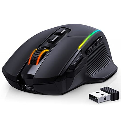 RisoPhy Wireless Gaming Mouse, 3 Modes - 2.4G/USB-C/Bluetooth 6 Level 10000DPI Chroma RGB Backlit Ergonomic 8 Programmable Buttons, 58H Capacity Rechargeable Computer Mouse for PC/Mac/Laptop