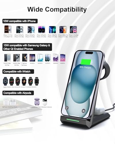 Wireless Charging Station for iPhone - ADADPU 3 in 1 Charger Stand for iPhone 17 16 15 14 13 12 11 Pro Max XR 8 Plus, for Apple Watch 8/7/SE/6/5/4/3/2, AirPods Pro/3/2(with 5ft Cable and 20W Adapter)