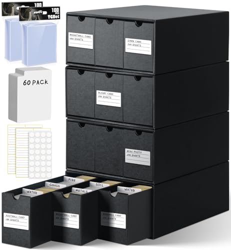 Trading Card Storage Box with Slide-Out Drawers, 12-Pack Cardboard Organizer with 60 Dividers, 200 Soft Sleeves & Labels for Collectible Card Games, MTG, TCG & Sports Cards