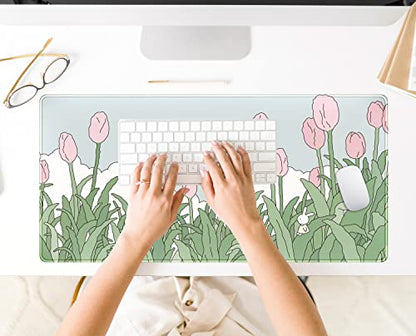 WatercolorTulip Flower Mouse Pads,Extended Gaming Mousepad XXL Kawaii Anime Desk Mat Pink Green Large Full Desk Mouse Pad for Wireless Mouse Keyboard Mat with Stitched Edges 31.5" x15.75 - color: A Pink Tulip
