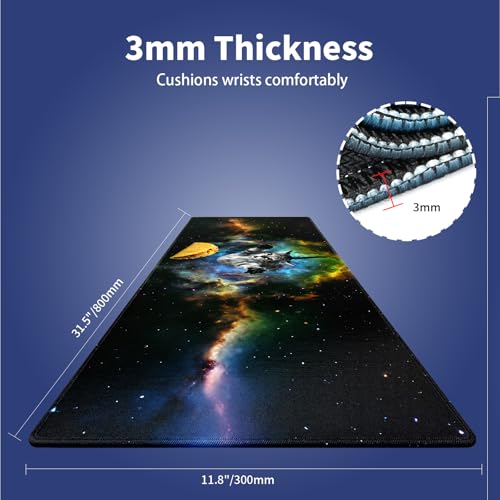 Cute Space Cat Meme Large Mouse Pad, Galaxy Kitten Chasing Taco Desk Mat | Cosmic Surreal Funny Pet Graphic, Vibrant Nebula, 31.5" x 11.8", XXL Gaming Stitched Mousepad, Smooth Surface Anti-Slip Base - color: Curious Cat