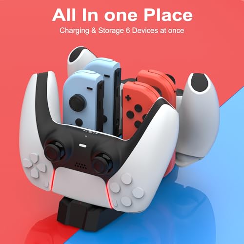 iPLYGAM Controller Charger Dock for Nintendo Switch Pro Controller/JoyCon, Controllers Charging Dock with LED Indicator and Charger Cable for PS5 Controllers, 6 in 1 Gamepad Charging Stand