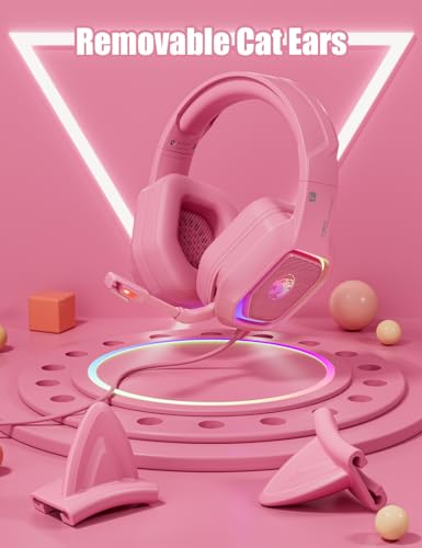 ZIUMIER Pink Wired Gaming Headset with Detachable Cat Ears | Noise Canceling Microphone, LED Light, 50mm Driver, 3.5mm Audio Jack, Compatible with PS4 PS5 Xbox Series X|S Xbox One PC
