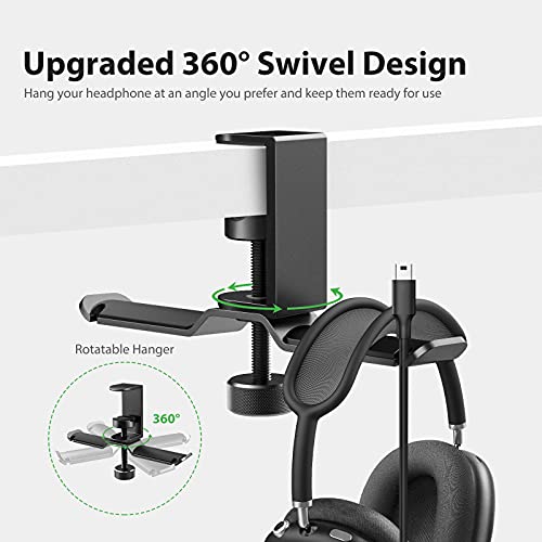 Dual Headphone Stand Hanger Under Desk, 360 Degree Rotating Aluminum Gaming Headset Holder with Adjustable Clamp, Universal Metal Earphone Hook Mount for All Headsets, Black