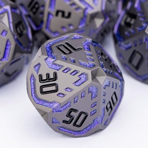 Metal DND Sci-fi Dice Set 7PCS Stripe Polyhedral Dice for Dungeons Dragons RPG Role Playing Game, Glitter D and D Dice with Gift Box D6 D8 D10 D12 D20 (Black Purple) ﻿ - color: Black - Purple