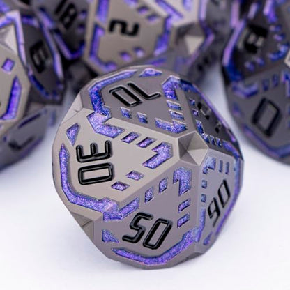 Metal DND Sci-fi Dice Set 7PCS Stripe Polyhedral Dice for Dungeons Dragons RPG Role Playing Game, Glitter D and D Dice with Gift Box D6 D8 D10 D12 D20 (Black Purple) ﻿ - color: Black - Purple