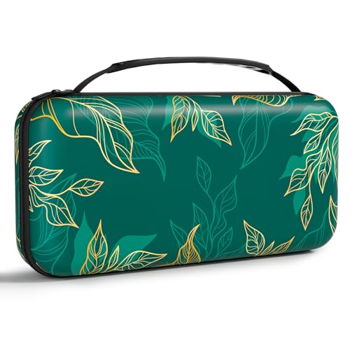 NPOOYI Carrying Case for Nintendo Switch OLED 2021/2017, Hard Shell Cover | Hard Shell Protective Switch Case, Portable Travel Storage Bag with Pockets and Game Holder for Console Joy-Con & Accessories - color: Green Gold Leaves