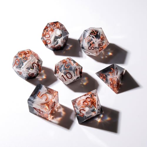 Haxtec Earth Landscape DND Dice Set Sharp Edge Resin Polyhedral Dice, Black D&D Dice with Metal Case, Handmade Gold Flake Inside Dice Set for Dungeons and Dragons TTRPG, Black White Copper DND Gift - color: Black White