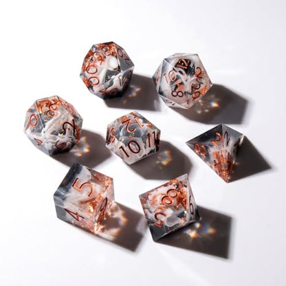 Haxtec Earth Landscape DND Dice Set Sharp Edge Resin Polyhedral Dice, Black D&D Dice with Metal Case, Handmade Gold Flake Inside Dice Set for Dungeons and Dragons TTRPG, Black White Copper DND Gift - color: Black White