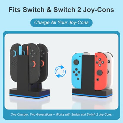 Switch 2 JoyCon Charging Dock for Nintendo Switch Controller Charger, Accessories for Nintendo 1/2 Charging Station with RGB Light - 4 in 1 Charge Switch2 with 60cm USB- C Power Cord - size: 60cm