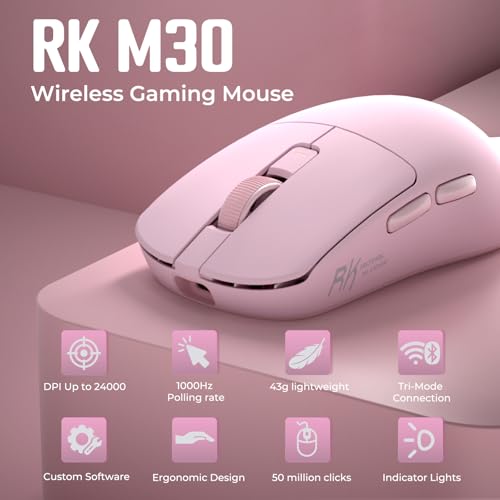 RK ROYAL KLUDGE RK M30 Wireless Gaming Mouse, 24000 DPI, 43g Ultra-Lightweight, PAW3311 Sensor, 2.4G/Bluetooth/USB-C Rechargeable Wireless Mouse with 5 Programmable Buttons for PC/Mac, Pink - color: pink