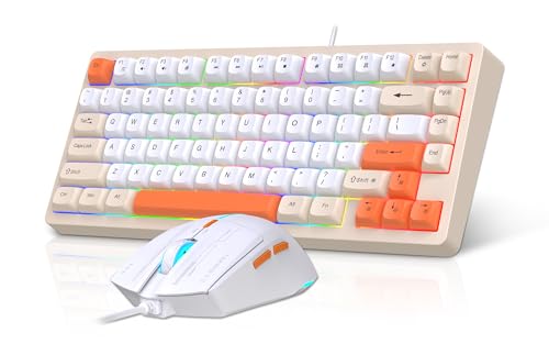 Snpurdiri 75% Wired Keyboard and Mouse Combo, Yellow Orange White | 81 Keys Compact Keyboard,Retro Round Keycaps Orange Backlit Gaming Keyboard for Laptop,Easy to Carry on Business Trip - color: Yellow Orange White