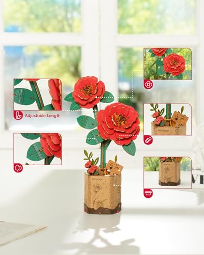 rowood 3D Puzzle,Mother's Day DIY Wooden Flower Craft Kit Building Set,Botanical Collection Home Decor, Valentine's Day/Teacher's Day/Christmas/Birthday Gift for Mom/Women/Grandma-Red Camellia - style: Red Camellia
