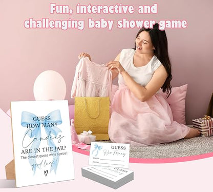 Blue Bow Guess How Many Candies Are In The Jar Game, Pack of 1 Wooden Tabletop Sign with Stand and 50 Guessing Cards, Blue Coquette Bow Baby Shower Game, Gender Reveal Party Decorations - KA02 - color: Guess How Many Candies Are in the Jar