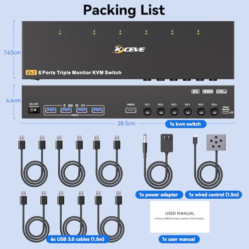 4K@60Hz KVM Switch 3 Monitors 6 Computers, Reyoten Triple Monitor HDMI KVM | Metal, for 6 Computers Sharing 3 Monitors Keyboard Mouse Printer, with 1 HDMI+2 DP Each Computer, Power Adapter+Controller - size: 16.5
