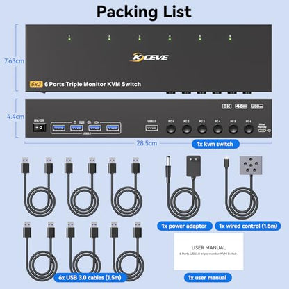 4K@60Hz KVM Switch 3 Monitors 6 Computers, Reyoten Triple Monitor HDMI KVM | Metal, for 6 Computers Sharing 3 Monitors Keyboard Mouse Printer, with 1 HDMI+2 DP Each Computer, Power Adapter+Controller - size: 16.5