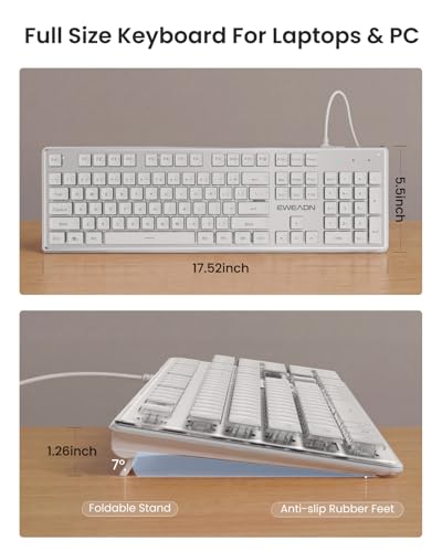 SEUNKWANG Wired Backlit Keyboard with Pudding Keycaps, Quiet Full Size Computer Keyboard White Backlight Easy-to-Read, Never Fade, Metal Panel, USB Cute Desk Setup for Windows PC Desktop, White - color: White
