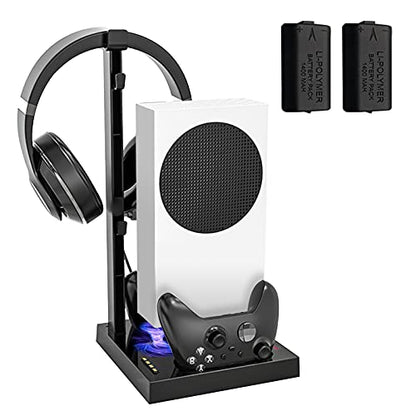 Cooling Fan Stand for Xbox Series S Console with Dual Cooler System, Vertical Charging Station Dual Controller Charger Dock with 2x1400mAh Rechargeable Battery Pack,1 Headset Hanger &4 Type C Adapter