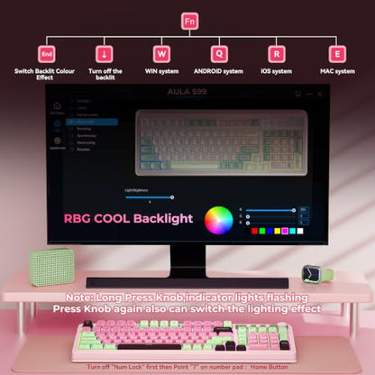 AULA Keyboard, Wireless Gaming Keyboard Creamy Bluetooth Computer Keyboards | 99 Key, Membrane Keyboard with Number Pad,RGB Backlit,Tri-Mode BT/2.4GHz/USB-C,Pink&Green&Coffee Color - color: Pink&Green&Coffee