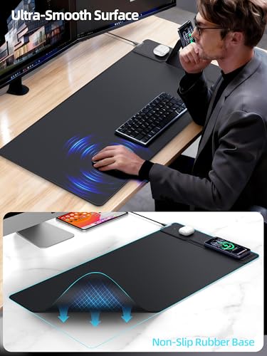 Mouse Pad with Magnetic Wireless Charger & Adjustable Phone Stand | 31.5"x15.8" Full Desk Coverage Mousepad, Waterproof Ultra-Smooth Desk Mat, Non-Slip Base, Black - color: Black-Magnetic Stand-31.5"x15.8"-Right