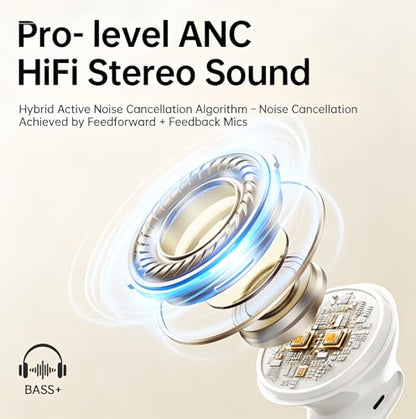 xinwld Adaptive Hybrid Active Noise Canceling 2026 Wireless Earbuds, 6 Mics ENC Clear Call Ear Buds, Hi-Res Audio Deep Bass Bluetooth 5.4 Headphones, 40H, LED, for Sports Running Gym Workout, White - color: Light White