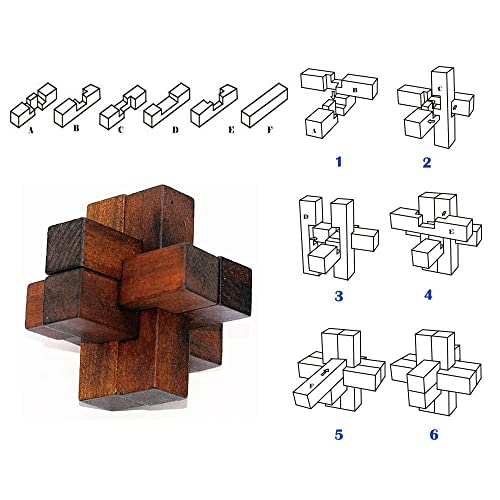 VolksRose 6pcs Wooden Brain Teaser Puzzles, IQ Challenge Puzzle Games, Logic Smart Mind Puzzle Box Lock Toy Removing Assembling 3D Small Puzzle Gift Set for Adults Teenagers Kids, 1.8inch 4.5cm - color: B-6pcs-4.5cm-2