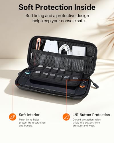 JEMDO Portable Slim Carrying Case for Switch 2, Hard Shell Travel Case | Shockproof EVA Shell with Soft Interior, 12 Game Slots, Dual Zippers, Adjustable Strap, 6 Thumb Grips - color: Black