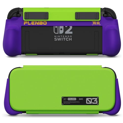Plenbo FoldeX Switch 2 Grip Case with Detachable Flip Cover- Purple/Green | Dockable Ergonomic Handheld Protective Hard Shell for Nintendo Switch 2, 3-Mode Compatible Joy-Con 2 Controller Grip - color: Neon Purple & Green