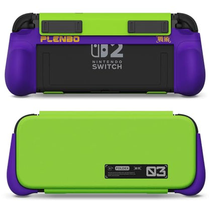 Plenbo FoldeX Switch 2 Grip Case with Detachable Flip Cover- Purple/Green | Dockable Ergonomic Handheld Protective Hard Shell for Nintendo Switch 2, 3-Mode Compatible Joy-Con 2 Controller Grip - color: Neon Purple & Green